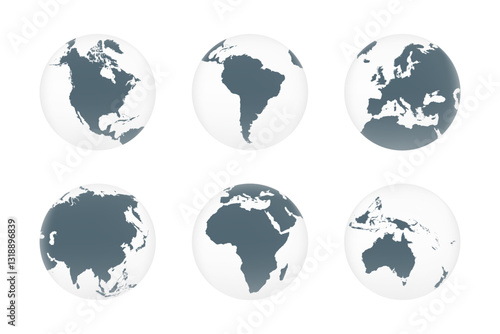 3D globes icons. North America, Europe, South America, Oceania, Asia, Africa. Earth globe icons isolated on white background. Vector illustration
