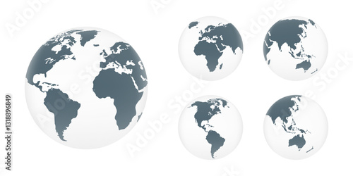 3D World globes set. Europe, Asia, America, Oceania globe maps. Vector illustration.