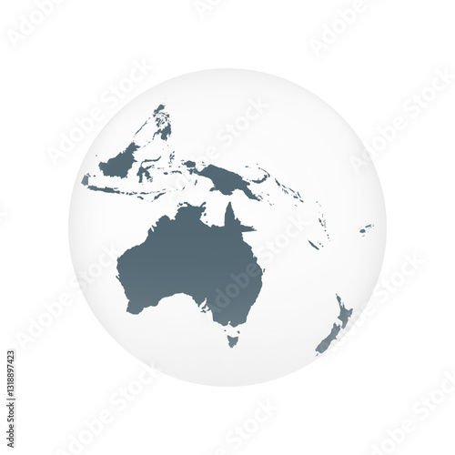 Oceania globe map. World globe map isolated on white background. Australia globe icon. Minimalist 3D globe with Australia and New Zealand. Vector illustration. 
