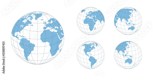 World globes set. Europe, Asia, America, Oceania globe maps with sphere grid. Vector illustration.
