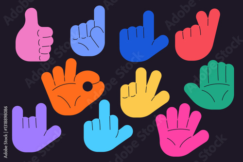 Hand drawn hands set. Finger heart, hello and okay shaped gesture hands. Cartoon isolated vector illustration