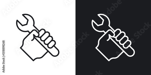 Spanner in hand icons set in black and white stroke lines