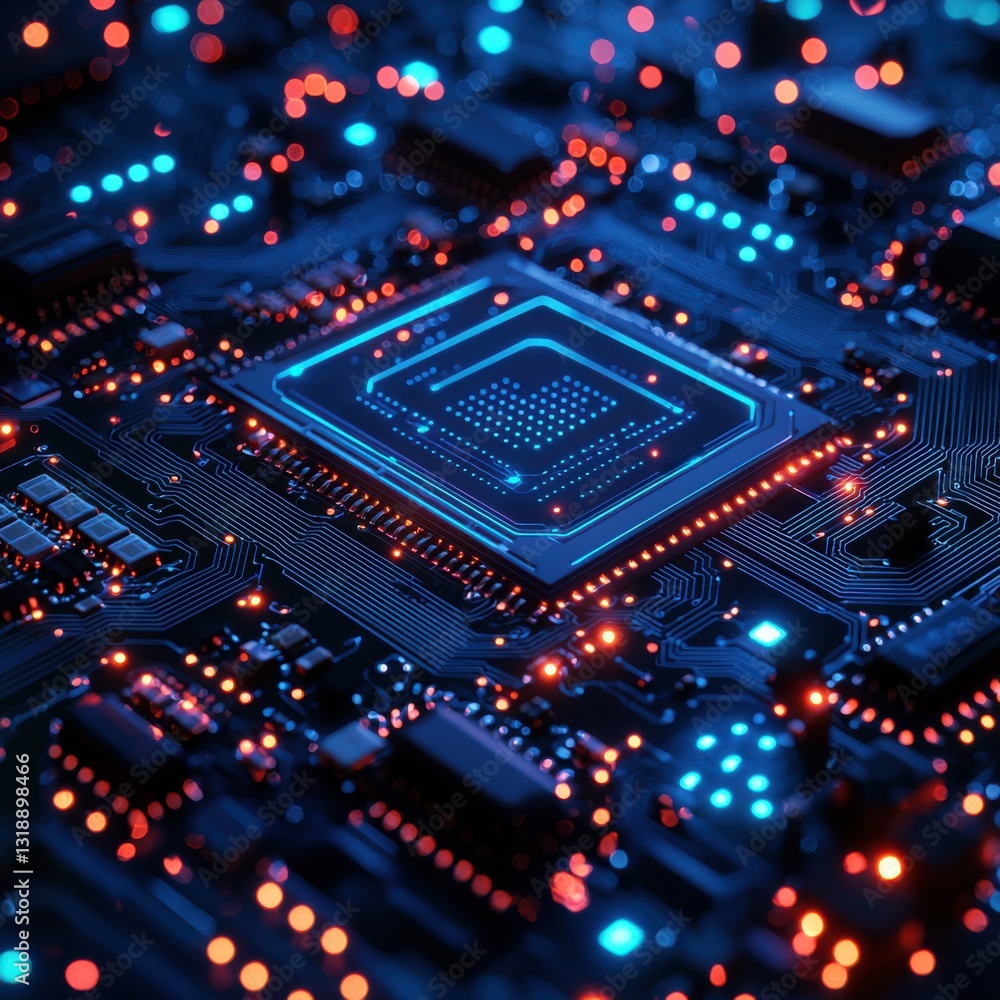 Obraz premium Detailed circuit board featuring both blue and red lights signifying complex electronic design