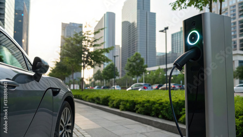Electric vehicle charging station in modern urban setting, showcasing sleek car parked nearby. scene reflects sustainable future with greenery and skyscrapers