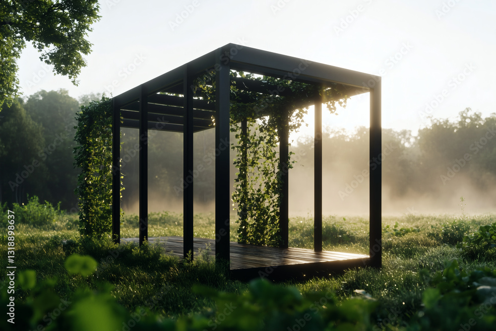 Fototapeta premium Outdoor Structure with Vines in Foggy Meadow