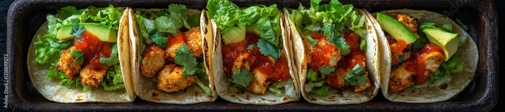 Crispy Chicken Tacos Served with Fresh Lettuce and Avocado. Generative AI Crispy Chicken Tacos Served with Fresh Lettuce and Avocado. Generative AI