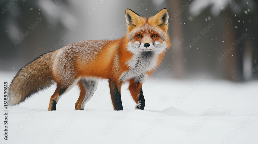 Obraz premium A fluffy red fox walks on white snow in a winter forest against a blurred background of snow-covered trees