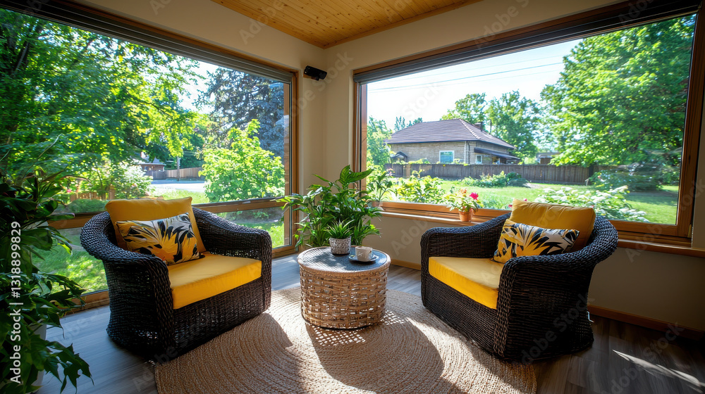 Fototapeta premium peaceful sunroom filled with greenery, featuring comfortable wicker chairs and round table. bright space invites relaxation and enjoyment of nature
