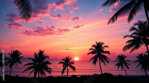 Silhouettes of palm trees against vibrant orange and yellow sunset over ocean, landscape, nature