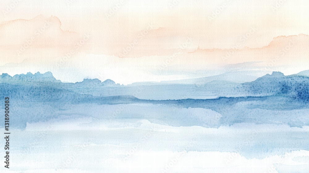 Serene Watercolor Landscape with Soft Blue and Peach Tones Serene Watercolor Landscape with Soft Blue and Peach Tones