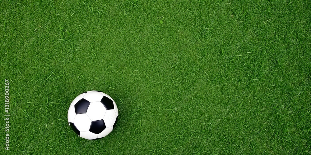 Soccer football ball placed on vibrant green grass background, field, equipment Soccer football ball placed on vibrant green grass background, field, equipment