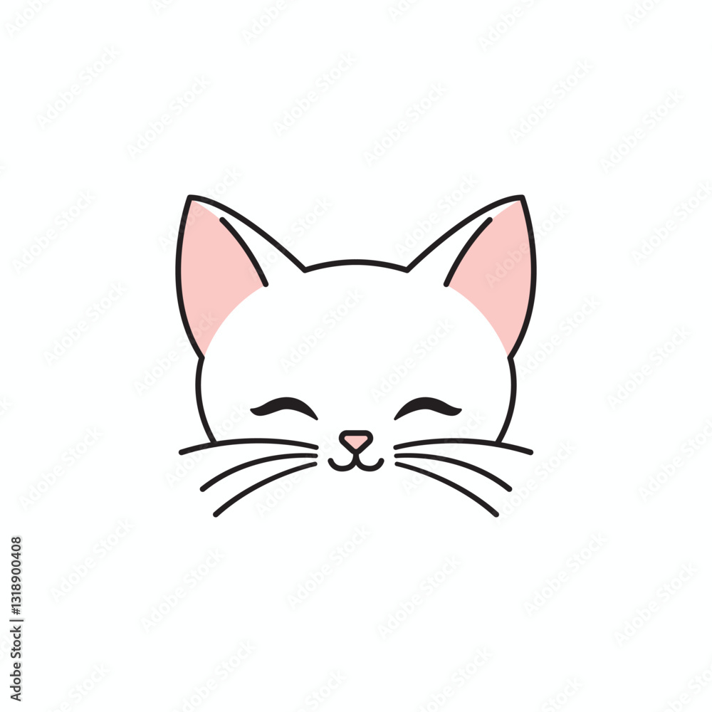 Obraz premium Cute Minimalist White Cat Face Illustration with Pink Ears and Happy Expression for Pet Lovers and Animal Enthusiasts