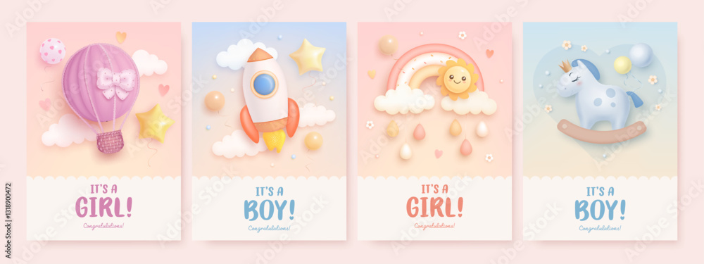 Set of baby shower invitation or arrival greeting card design template with cartoon rocket, hot air balloon, rainbow and rocking horse. Its a girl, its a boy. Vector illustration Set of baby shower invitation or arrival greeting card design template with cartoon rocket, hot air balloon, rainbow and rocking horse. Its a girl, its a boy. Vector illustration