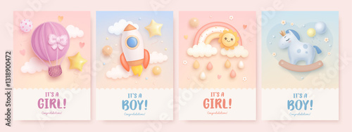 Set of baby shower invitation or arrival greeting card design template with cartoon rocket, hot air balloon, rainbow and rocking horse. Its a girl, its a boy. Vector illustration