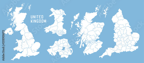 Detailed UK map with regional divisions. United Kingdom map. England, Scotland, Wales, Northern Ireland maps. Vector Great Britain map isolated on blue background.