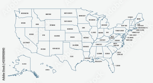 Map of the United States with state borders and names. USA map template. United States of America map isolated on white background. Vector illustration