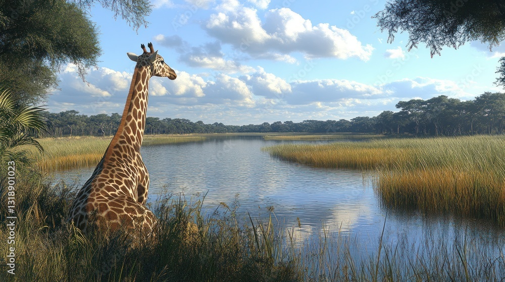 Obraz premium Giraffe by a tranquil river