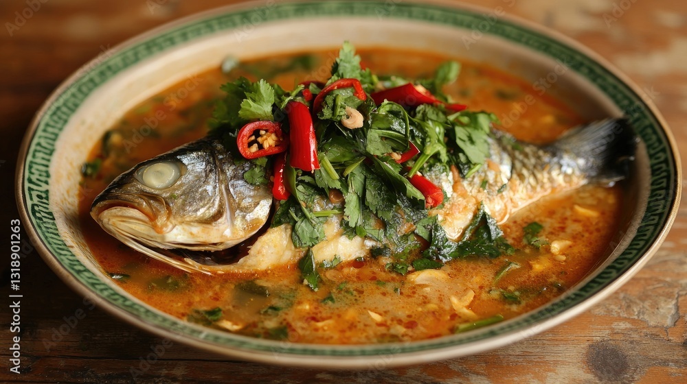 Fresh Siamese Fish with Spicy Sauce Topped with Herbs and Peppers on a Rustic Table for Gourmet Cuisine Concept Fresh Siamese Fish with Spicy Sauce Topped with Herbs and Peppers on a Rustic Table for Gourmet Cuisine Concept