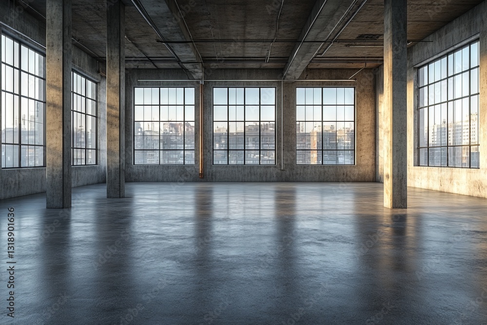 Spacious industrial room with large windows providing city skyline views during daylight hours Spacious industrial room with large windows providing city skyline views during daylight hours