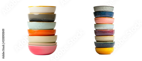 Set of stack of colorful ceramic bowls isolated on transparent background, PNG, cut out