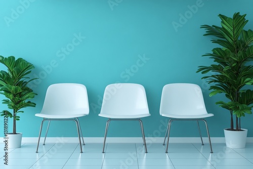 Modern waiting area featuring three white chairs and green plants against a vibrant turquoise wall