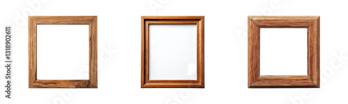 Set of wooden picture frame with a blank white insert isolated on transparent background, PNG, cut out