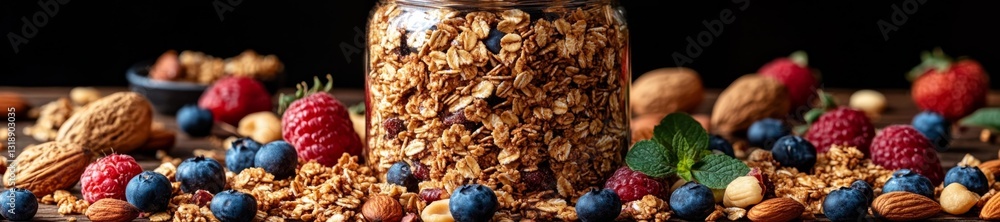 A Jar of Homemade Granola Surrounded by Fresh Berries and Nuts. Generative AI A Jar of Homemade Granola Surrounded by Fresh Berries and Nuts. Generative AI
