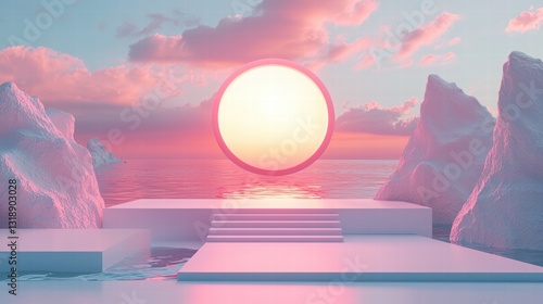 Dreamy Sunset Over Still Water with Geometric Shapes and Mountains