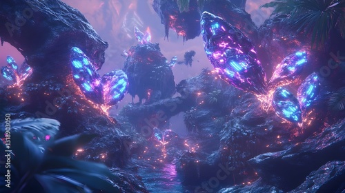 Alien Jungle with Cybernetic Vines and Luminescent Flowers