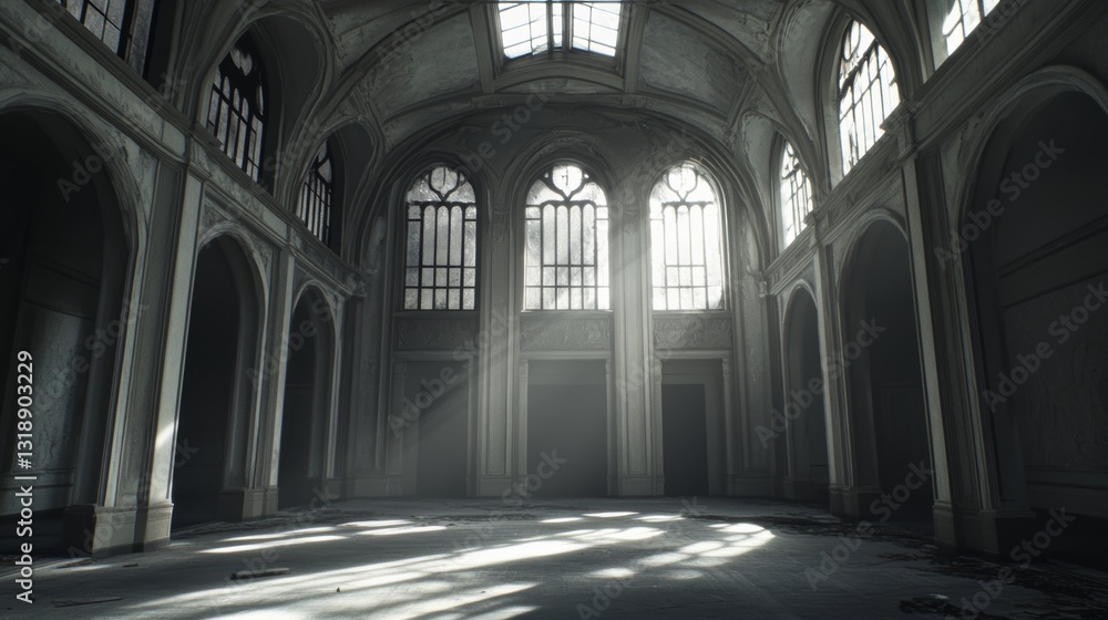 Fototapeta premium Abandoned Grand Hall: High Ceilings Arched Windows Sunlight Beams 