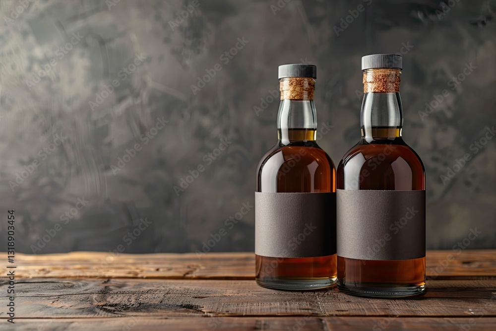 Pixel Perfect Picture of Brown Alcoholic Bottles in Gray Label on Wooden Table Pixel Perfect Picture of Brown Alcoholic Bottles in Gray Label on Wooden Table