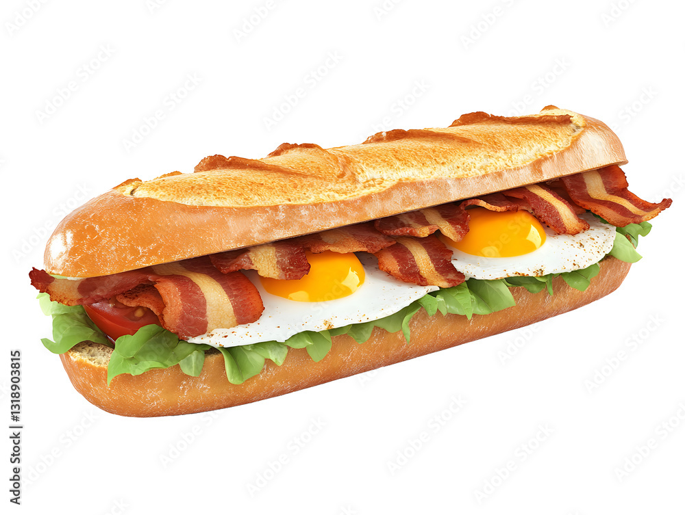 fresh baguette sandwich with bacon , eggs and vegetables , isolate on white background. fresh baguette sandwich with bacon , eggs and vegetables , isolate on white background.