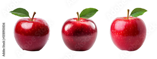 Set of glossy red apple with a small leaf isolated on transparent background, PNG, cut out