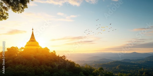 religious architecture, at sunrise, a grand golden stupa with birds flying and prayer flags fluttering captures vesaks spiritual essence