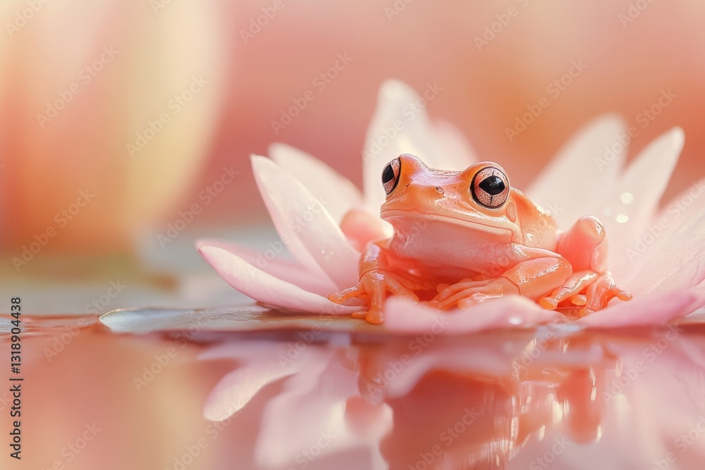 Fototapeta premium Pink frog sits gracefully on a water lily surrounded by soft colors in a serene pond at dawn