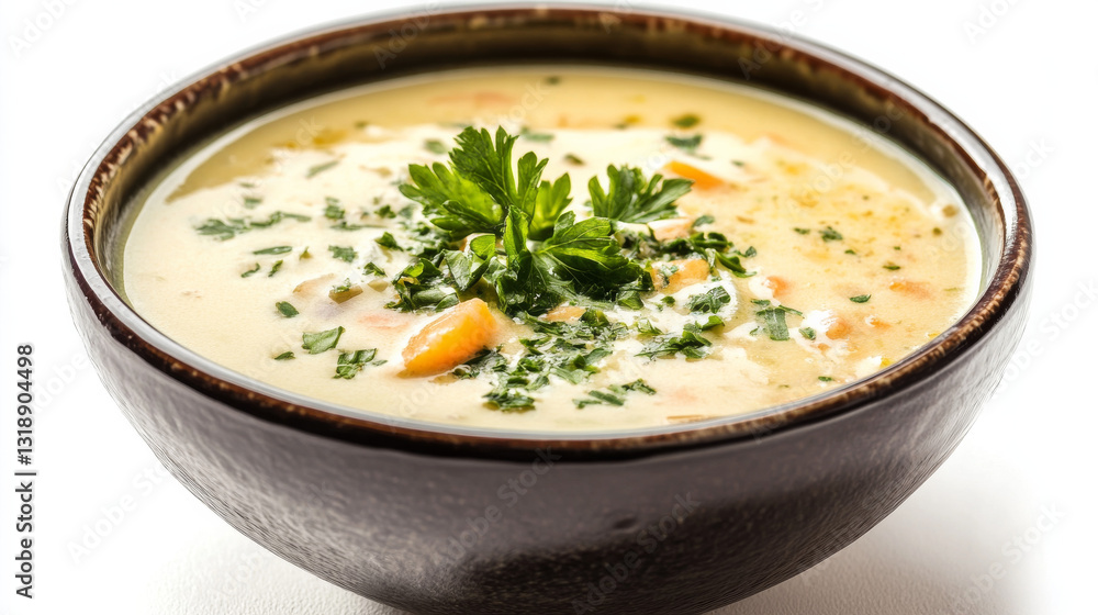 A bowl of velvety vegetable cream soup, isolated against a white background A bowl of velvety vegetable cream soup, isolated against a white background