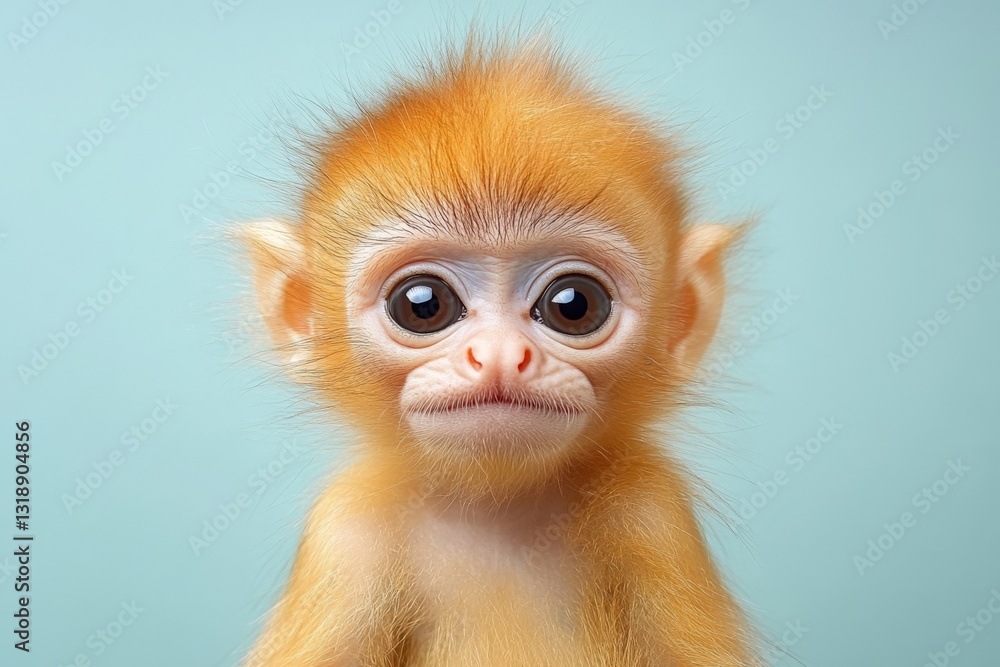 Curious young monkey with bright fur and expressive eyes against a simple background Curious young monkey with bright fur and expressive eyes against a simple background