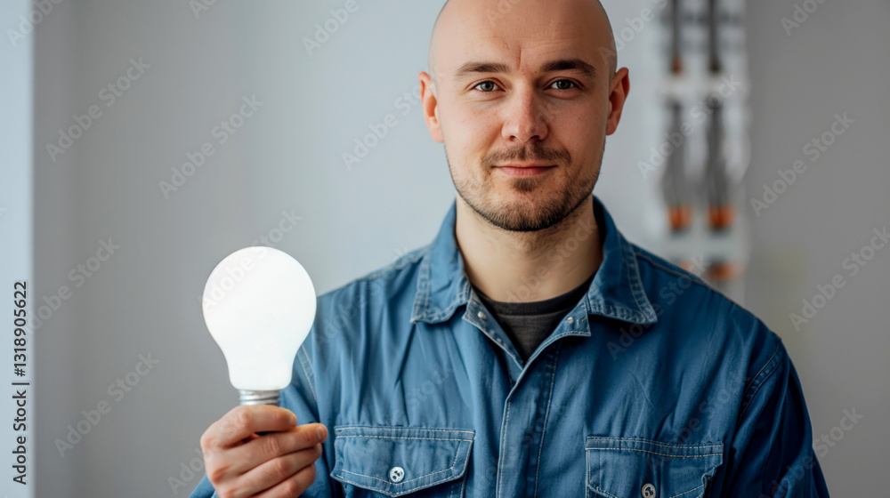 Bald, handsome young man in blue work jumpsuit holds white matte LED light bulb on white background by base. Associations of bald head and upward-pointing light bulb. Copy space for text. Bald, handsome young man in blue work jumpsuit holds white matte LED light bulb on white background by base. Associations of bald head and upward-pointing light bulb. Copy space for text.