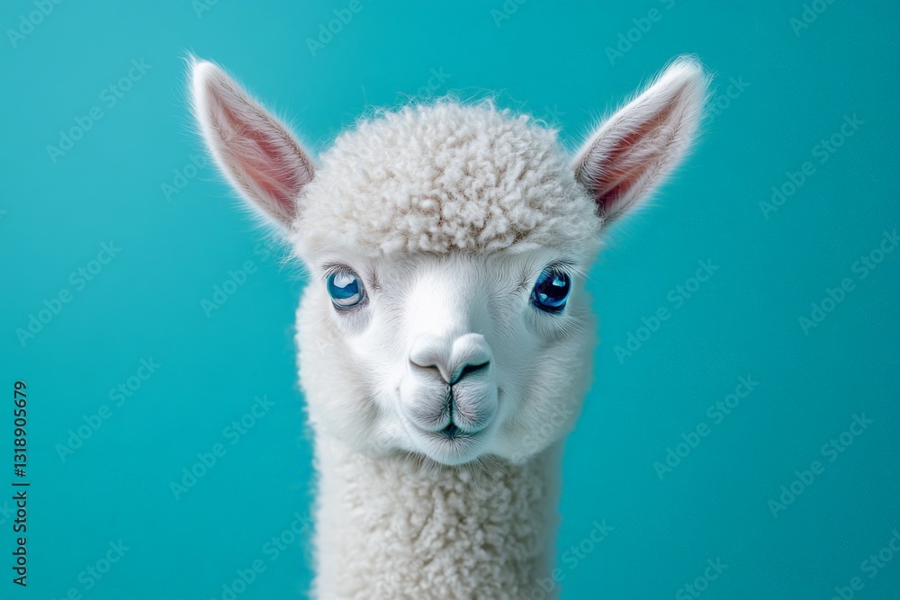 Obraz premium Cute white llama with large blue eyes posing against a bright teal background