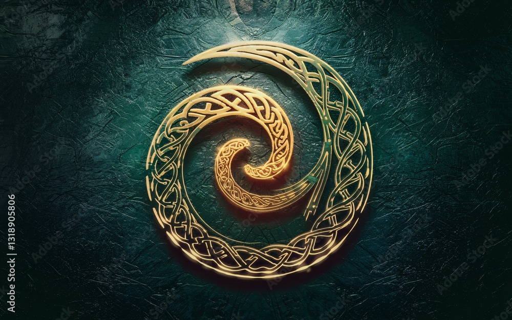 Obraz premium Golden Celtic Spiral on Dark Teal Stone