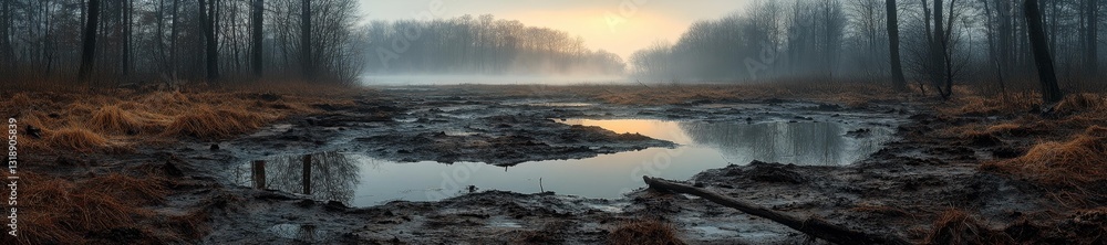 Desolate misty lakebed with scattered puddles and a foggy sunrise. Generative AI Desolate misty lakebed with scattered puddles and a foggy sunrise. Generative AI