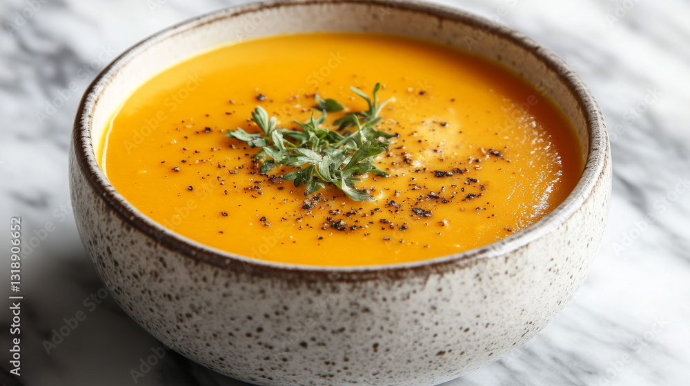 A creamy, silky-textured pumpkin soup elegantly presented on a marble surface--perfect for autumn A creamy, silky-textured pumpkin soup elegantly presented on a marble surface--perfect for autumn