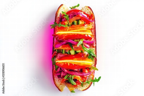 Colorful Gourmet Hot Dog with Fresh Vegetables and Sauces