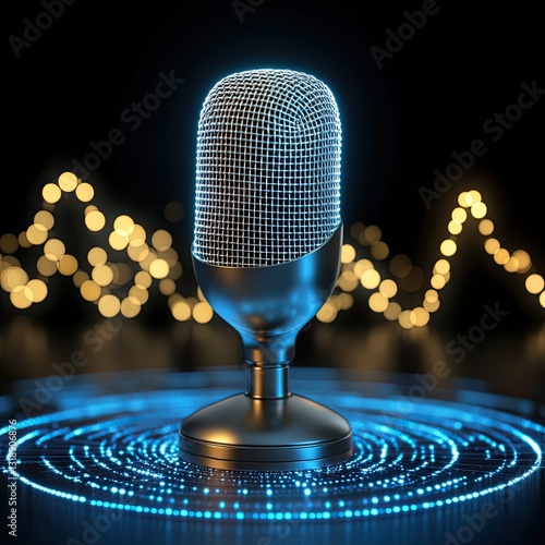 Digital sound wave technology, Stylish microphone with glowing sound waves, perfect for music and podcasting projects.
