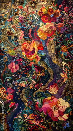 Wallpaper Mural Intricate Floral Patterns in a Colorfully Woven Tapestry: A Testament to Traditional Weaving Techniques Torontodigital.ca