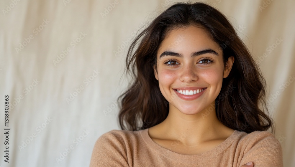 Portrait of a smiling brunette woman against a neutral beige fabric backdrop Portrait of a smiling brunette woman against a neutral beige fabric backdrop