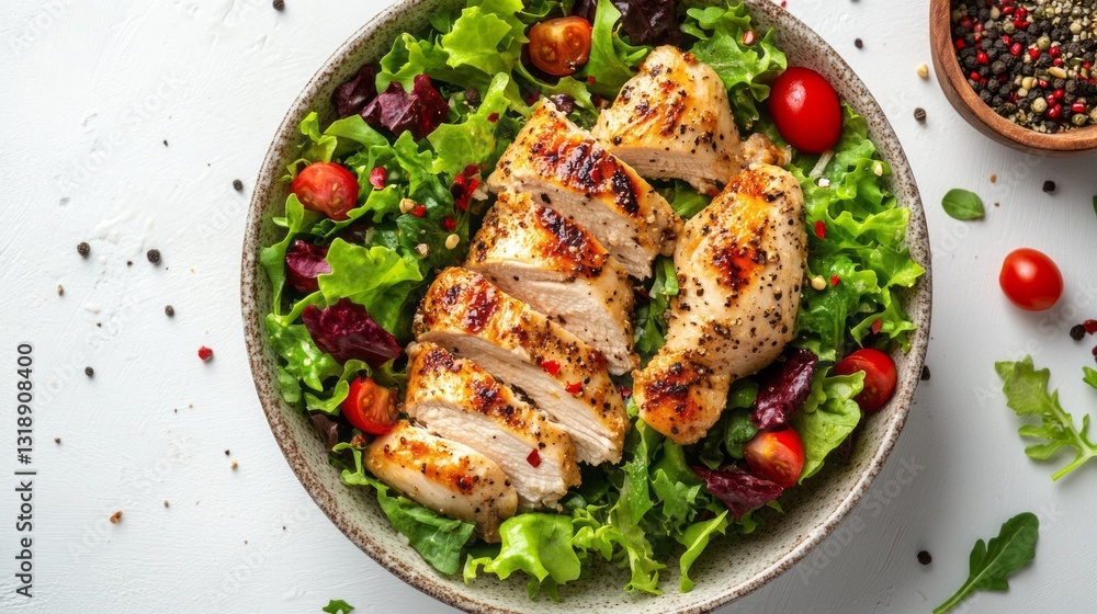 Juicy grilled chicken slices are artfully arranged atop a bed of crisp lettuce and colorful cherry tomatoes, creating a vibrant dish full of freshness and flavor Juicy grilled chicken slices are artfully arranged atop a bed of crisp lettuce and colorful cherry tomatoes, creating a vibrant dish full of freshness and flavor