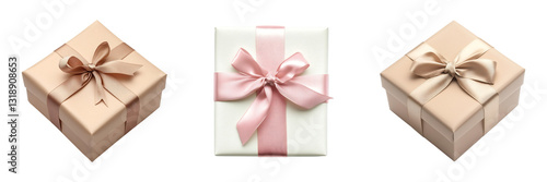 Set of neatly wrapped gift box with a satin ribbon isolated on transparent background, PNG, cut out