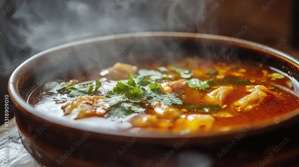 Steaming Bowl of Spicy Soup Garnished with Fresh Herbs and Green Onions in Rustic Wooden Setting Steaming Bowl of Spicy Soup Garnished with Fresh Herbs and Green Onions in Rustic Wooden Setting