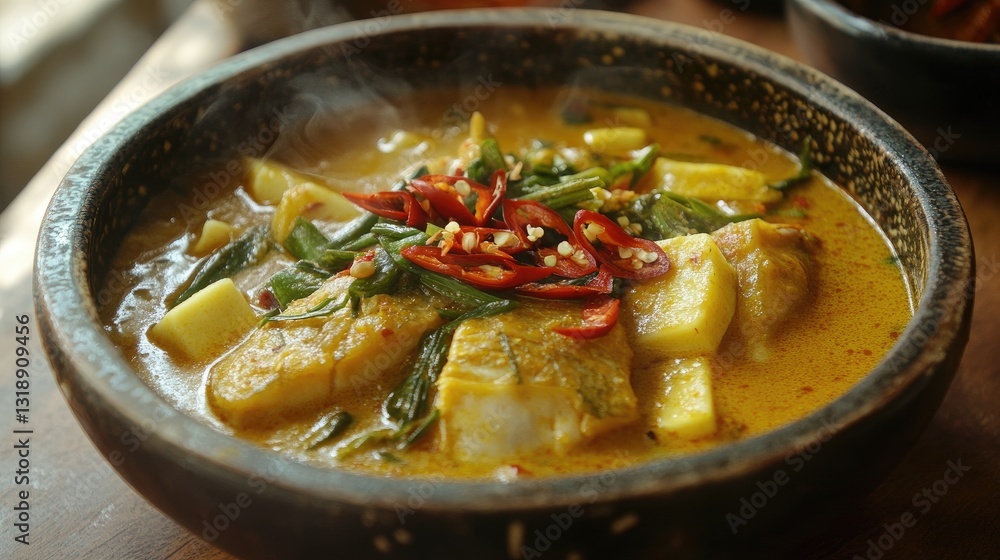 Spicy Fish Curry in Traditional Bowl with Fresh Herbs and Sliced Chili Peppers Spicy Fish Curry in Traditional Bowl with Fresh Herbs and Sliced Chili Peppers